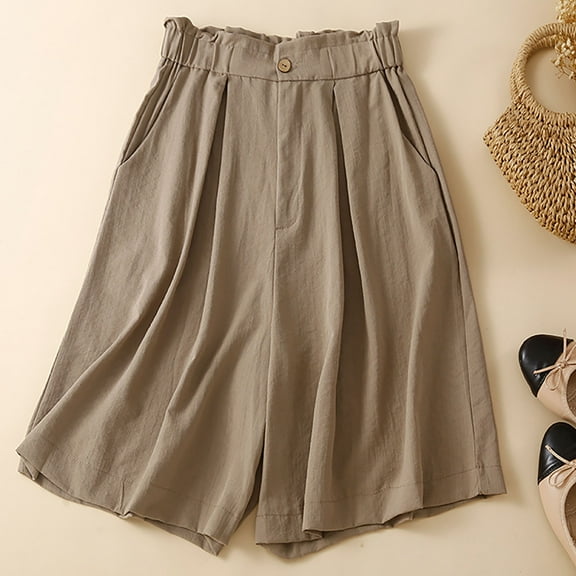 Comfortable Shorts for Women Dgankt Women's Solid Color Casual High Waist Large Size Five Points Pants with Pockets (Large Size Available)