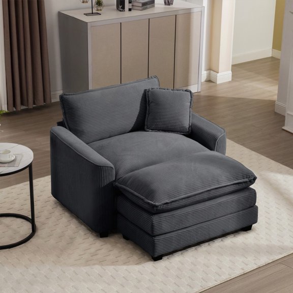 Comfortable Grey Corduroy Single Sofa with Footstool for Living & Bedroom