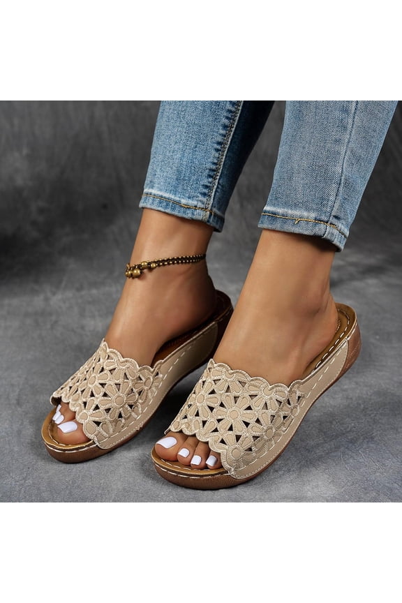 Comfortable Supportive Footbed Sandals,Women's Flowers Decor Arch Support Open Toe Breathable Summer Platform Wedge Sandals Slides