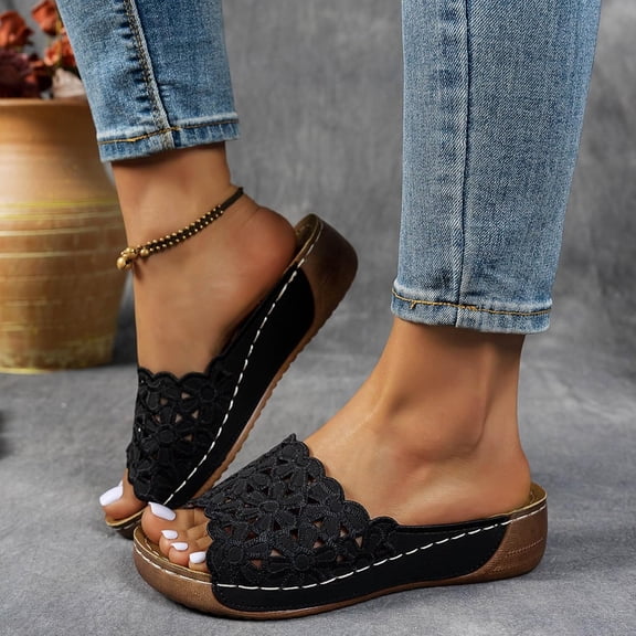 Comfortable Supportive Footbed Sandals,Women's Flowers Decor Arch Support Open Toe Breathable Summer Platform Wedge Sandals Slides