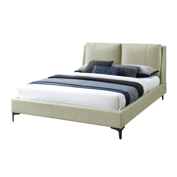 Tan King Size Upholstered Bed With A Pillowed Headboard Comfortable Bed, In Breathable Fabric