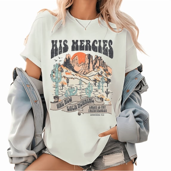 Comfortable Tee T-Shirt Top His Mercies Are New Each Morning Print Short Sleeve Round Neck White S-5XL