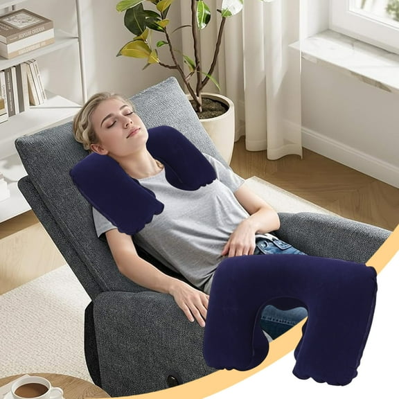 U-Shaped Pillow Inflatable Travel Neck Pillow U Shaped Cervical Support Cushion with Soft Velour Cover for Airplane Camping Office JASKFLY