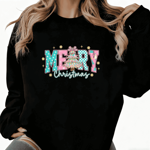 Comfortable Tree Graphic Tee T-Shirt Merry Christmas Colorful Tree Print Top Round-neck long-sleeved Black S-3XL