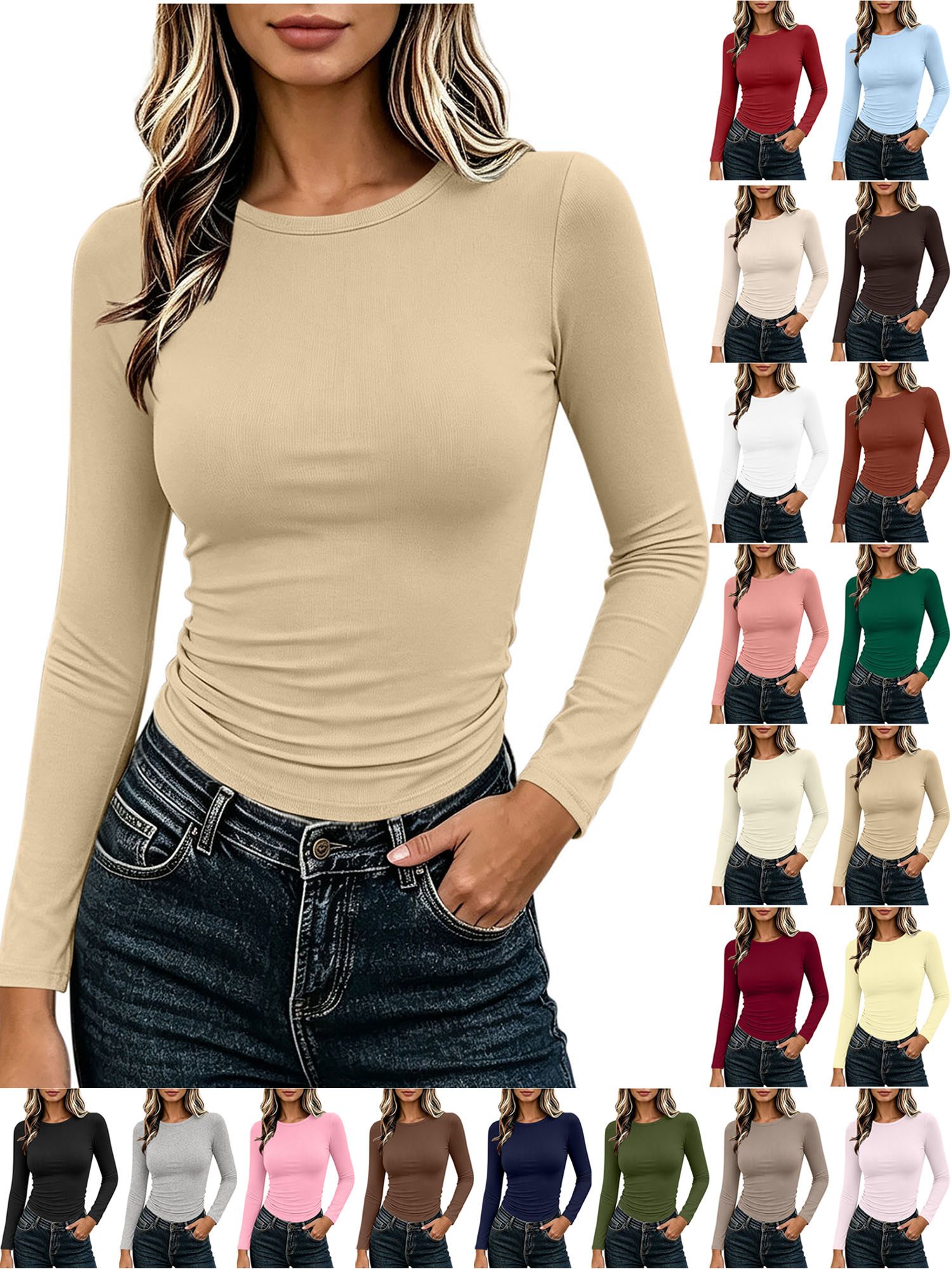 Comfortable Tshirt for Women Summer Crew Neck Long Sleeve Solid Color Women's Casual Slim Tight Fitting Pullover T-shirt
