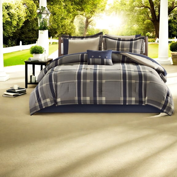 Comfortable Twin Plaid Bedding Sets Hypoallergenic Polyester Modern Navy Design for Home