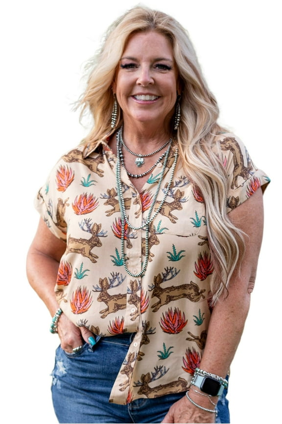 Comfortable V Neck Button-Up Plus Size Western Style Short Sleeve Top | [ZhiHiMeRi] | (US 22W-24W)3X