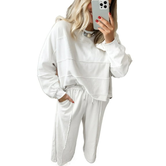 Comfortable White Textured Pullover and High-Waist Pants Set for Plus Size Women – Perfect for Autumn [ZhiHiMeRi] | 3X