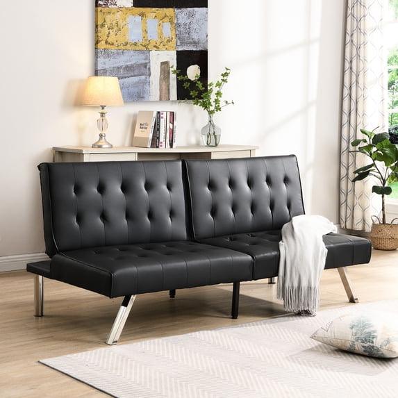 Comfortable With Wood Frame, Stainless Leg, Black Leather, 42.52in Deep Package, Relaxing Modern Leather Bed, 12.4in High Package
