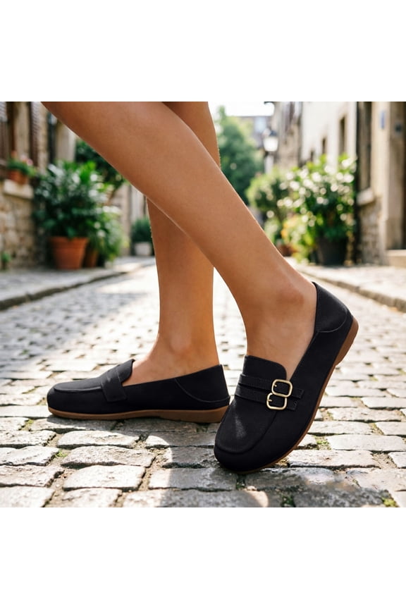 Comfortable Women Flat Loafers Vintage Style Moc Toe Shoes Breathable Cushioned Insole Flexible Rubber Outsole Casual Slip On for Daily Wear Office Travel Black