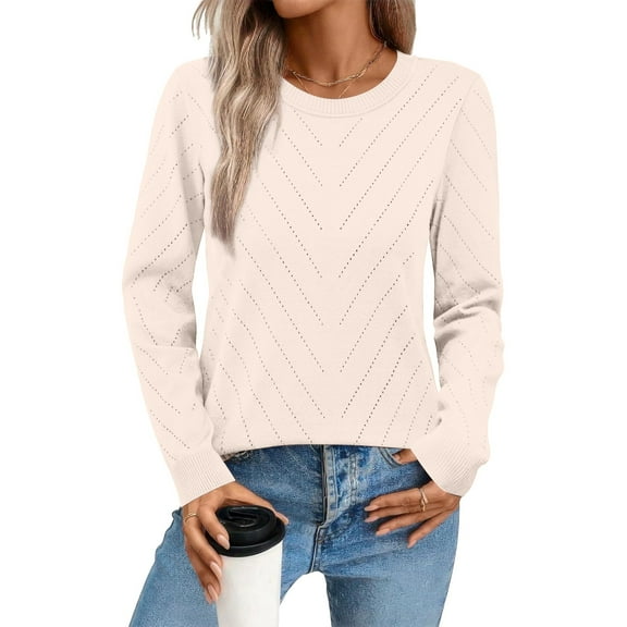 Comfortable Women’s Hollow Knit Sweater, Long Sleeve Round Neck Slim Fit Pullover, Solid Color Lightweight Knitwear Beige
