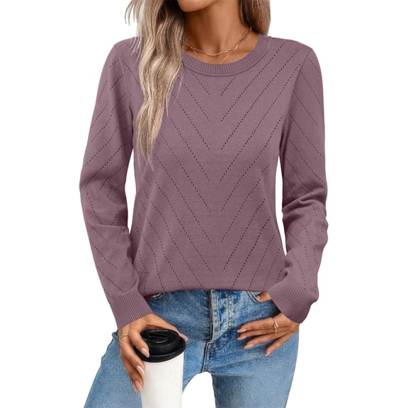 Comfortable Women’s Hollow Knit Sweater, Long Sleeve Round Neck Slim Fit Pullover, Solid Color Lightweight Knitwear Purple
