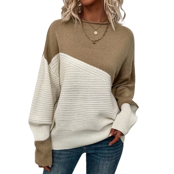Comfortable Women’s Loose Fit Colorblock Pullover Sweater | Casual Long Sleeve Round Neck Top for All-Day Comfort. Khaki