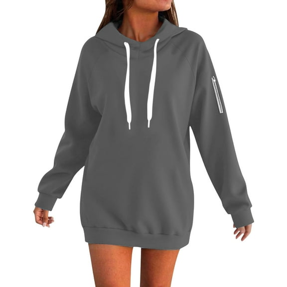 Comfortable Women’s Oversized Hoodie, Solid Color Long Sleeve Sweatshirt Dress with Hood and Drawstring, Casual Loose Pullover for Everyday and Travel Dark Gray