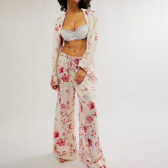 Comfortable Women's Pajamas Silk Satin Pajamas Set For Women 2 Piece Floral Wide Leg Pants Set Long Sleeve Button Down Pj Shirts Set, Women Pajama Sets L