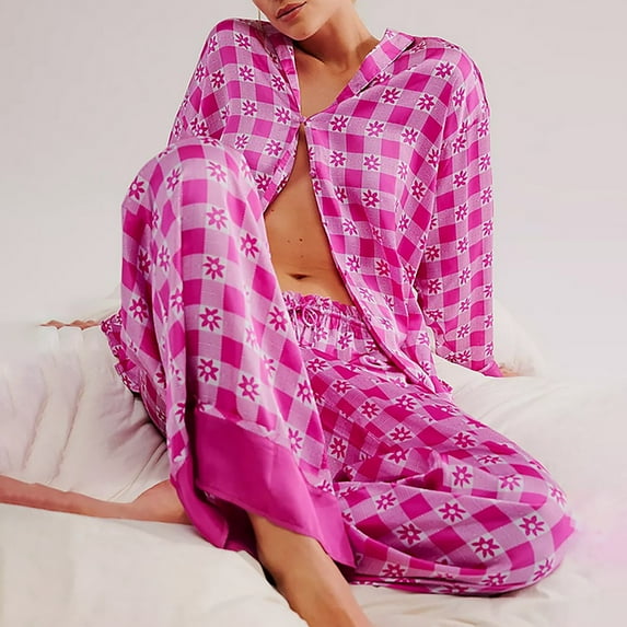 Comfortable Women's Pajamas Silk Satin Pajamas Set For Women 2 Piece Floral Wide Leg Pants Set Long Sleeve Button Down Pj Shirts Set, Women Pajama Sets L