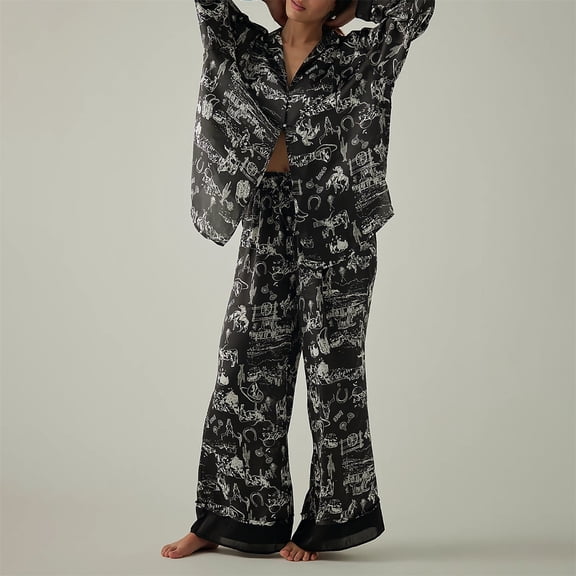 Comfortable Women's Pajamas Silk Satin Pajamas Set For Women 2 Piece Floral Wide Leg Pants Set Long Sleeve Button Down Pj Shirts Set, Women Pajama Sets M