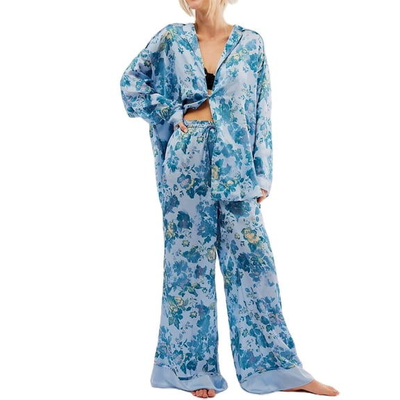 Comfortable Women's Pajamas Silk Satin Pajamas Set For Women 2 Piece Floral Wide Leg Pants Set Long Sleeve Button Down Pj Shirts Set, Women Pajama Sets XL