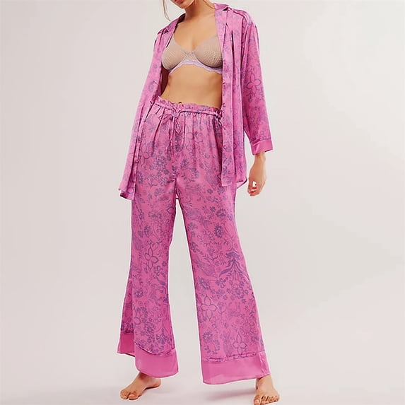 Comfortable Women's Pajamas Silk Satin Pajamas Set For Women 2 Piece Floral Wide Leg Pants Set Long Sleeve Button Down Pj Shirts Set, Women Pajama Sets XL