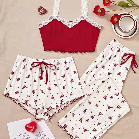 Comfortable Women's Pajamas Women'S 3 Pieces Pajamas Heart Print Shorts Pants Pj Sets Sleepwear, Women Pajama Sets M