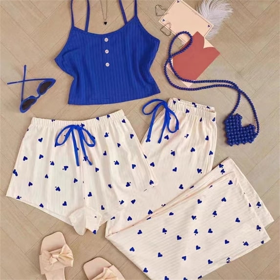 Comfortable Women's Pajamas Women'S 3 Pieces Pajamas Heart Print Shorts Pants Pj Sets Sleepwear, Women Pajama Sets XL