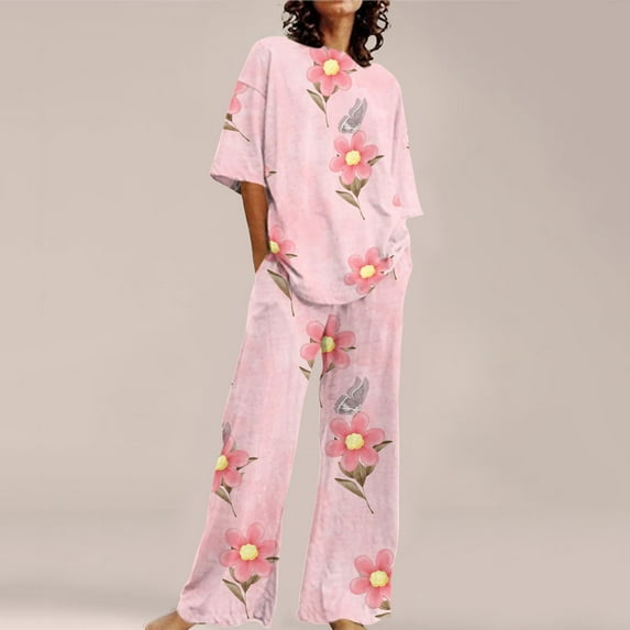 Comfortable Women's Pajamas Women Suitable Summer O Neck Loose Short Sleeve Floral Print Top Shirt With Pants Large Size 2 Set, Women Pajama Sets XXXXL