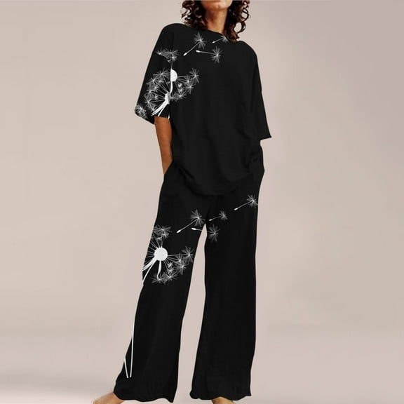 Comfortable Women's Pajamas Women Suitable Summer O Neck Loose Short Sleeve Floral Print Top Shirt With Pants Large Size 2 Set, Women Pajama Sets XXXXL