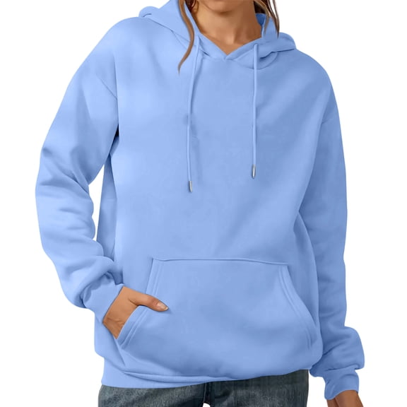 Comfortable Women’s Pullover Hoodie, Long Sleeve Solid Color Sweatshirt with Drawstring Hood and Pocket, Casual Top Light Blue