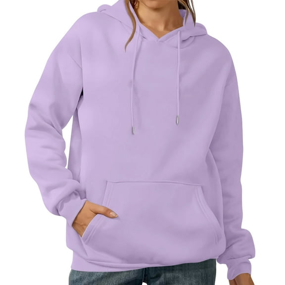 Comfortable Women’s Pullover Hoodie, Long Sleeve Solid Color Sweatshirt with Drawstring Hood and Pocket, Casual Top Light Purple