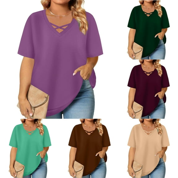 Comfortable Women's Tank Tops Women's Fashion Summer Solid Color Plus Size Short Sleeve V-Neck Blouses Basic Daily Outfit Essentials Everyday Wear