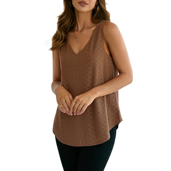 Comfortable Women's V Neck Tank Top - Stylish Eyelet Pattern in Coffee Color | [ZhiHiMeRi] | M