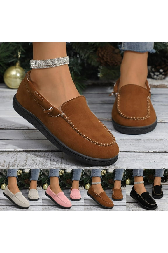Comfortable Women’s Winter Moccasins Plus Velvet Warm Round Toe Slip-On Casual Low-Top Shoes for Indoor and Outdoor Use
