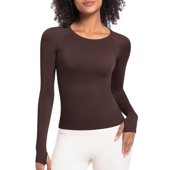 Comfortable Workout Tops For Women Casual Solid Color Sports Yoga Drying Long Sleeved Round Neck Coffee Casual Loose Tunic Blouses S-XL