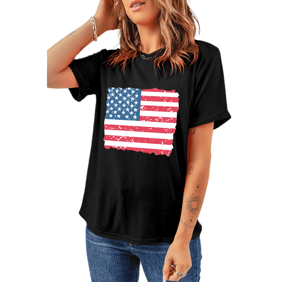 Comfortable and Bold American Flag Design Crew Neck T-Shirt for Women