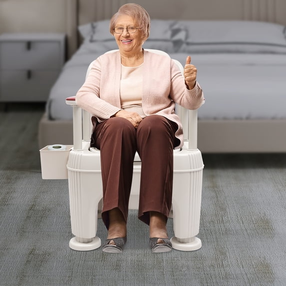 Comfortable and Stable Portable Bedside Commode, Adjustable Height, Soft PU Seat, Armrests, and Accessories for Easy Access and Use at Home