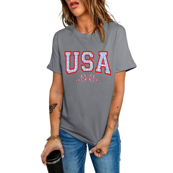 Comfortable and Stylish Crew Neck T-Shirt - Gray USA Star Print with Bow Knot