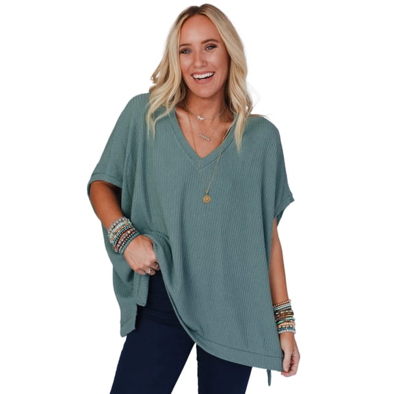 Comfortable and Stylish Oversized V Neck Top - Moonlight Jade Ribbed Knit | [ZhiHiMeRi] | (US 8-10)M