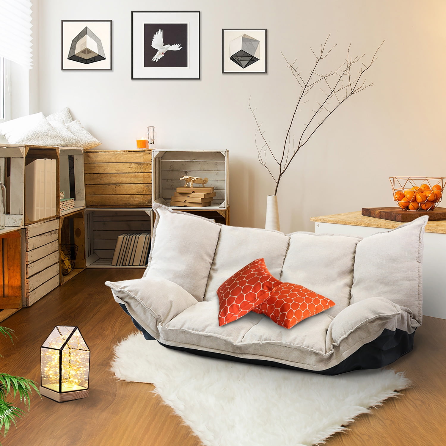 Comfortable and Versatile Adjustable Beige Lazy Sofa Futon Bed