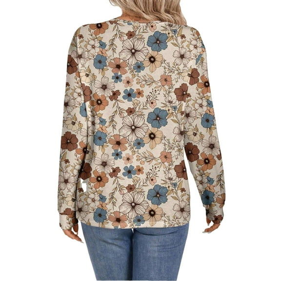 Comfortable and Versatile Women's Khaki Floral Long Sleeve T-Shirt | [ZhiHiMeRi] | (US 4-6)S