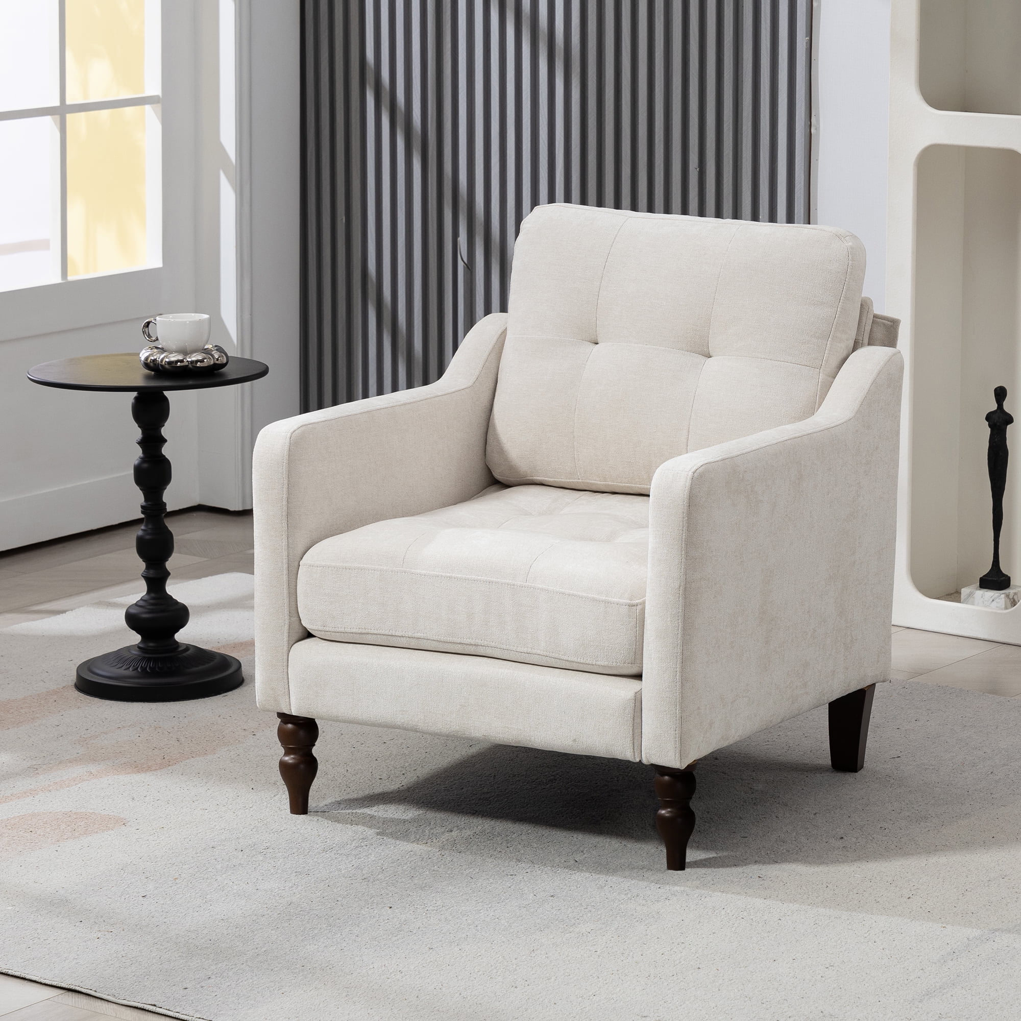 Comfortable armchair with USB charging port, ergonomic wide backrest, vintage wooden legs, comfortable upholstered armchair with side storage for living room bedroom