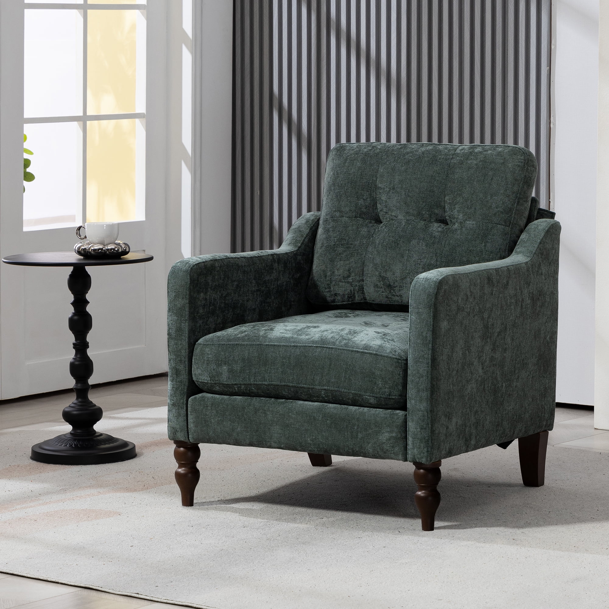 Comfortable armchair with USB charging port, ergonomic wide backrest, vintage wooden legs, comfortable upholstered armchair with side storage for living room bedroom