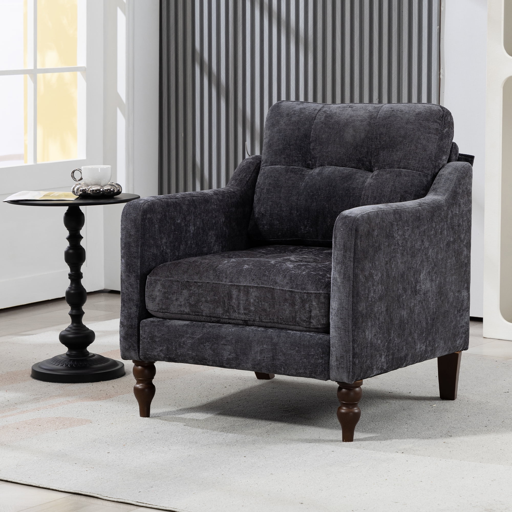 Comfortable armchair with USB charging port, ergonomic wide backrest, vintage wooden legs, comfortable upholstered armchair with side storage for living room bedroom