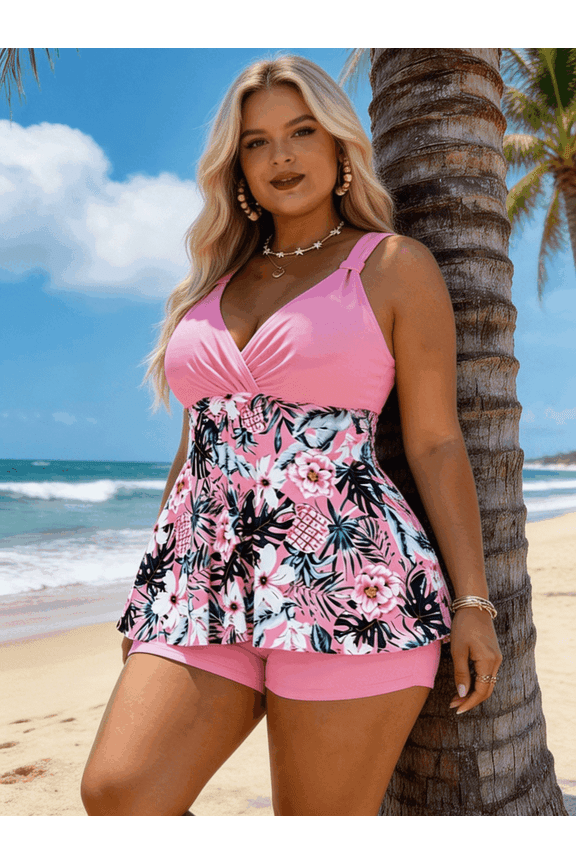 Comfortable and not constricting plus-size two-piece tank top swimsuit set — tropical print, front crossover design | supportive bust, full coverage, slim fit — the ideal beach vacation swimsuit for
