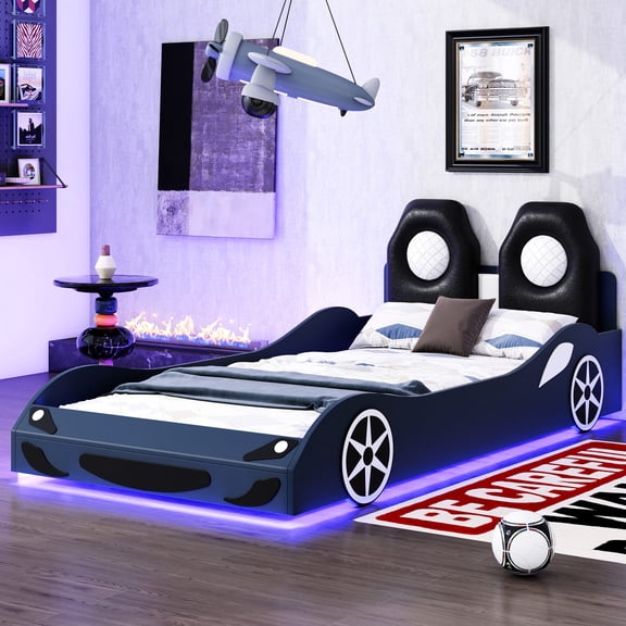 Comfortable seat - type backrests - Twin blue wood race car platform bed for a relaxing stay