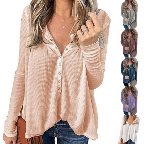 Comfortable workout Tops For Woman Casual Solid Color Long Sleeve V-Neck Loose Pink Blouse Casual Work Pullover Tops S-3XL