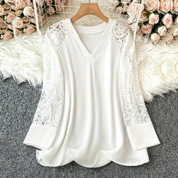 Comfortable workout Tops For Woman Casual Solid Large Hollow Out Lace Splice Long Sleeve V-neck White Fresh Classic Tshirts XL-4XL