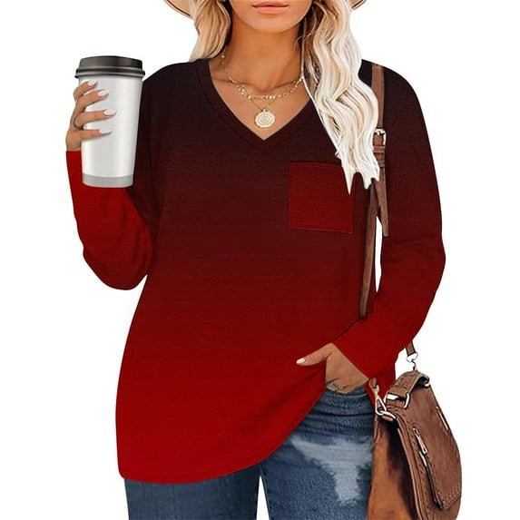 Comfortable workout Tops For Woman Daily V-neck Solid Color Long Sleeved Red Fresh Classic Tshirts L-5XL