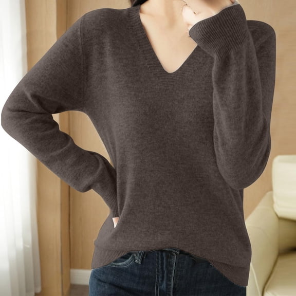 Comfortable workout Tops For Woman Solid Color Knitted Long Sleeved V-Neck Beach Casual Shirt Brown XL
