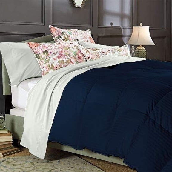 Comforter - 100% Egyptian Cotton 800 Thread-Count 400 GSM Fiber Fill Duvet Insert Comforter, 3-Piece (1pc Comforter & 2pc Pillow Shams) - King/California King Size (104" x 94") Inch, Navy Blue Stripe