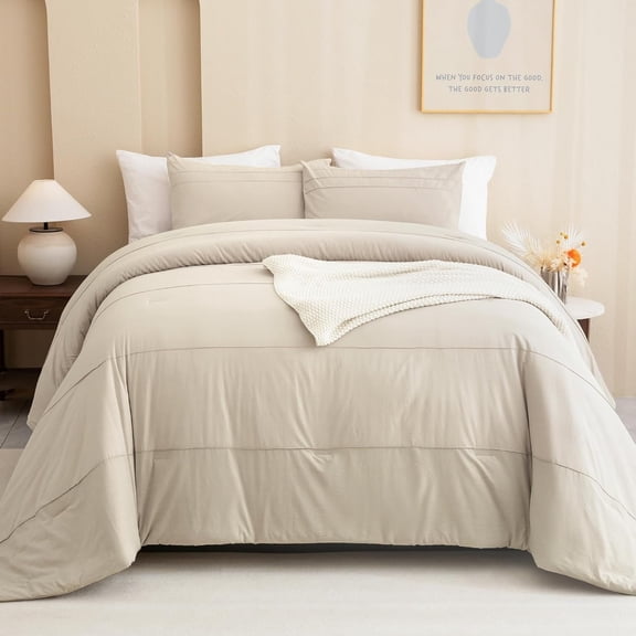 Comforter 128 * 120, Comforter Size Pinch Pleat Stripe ,Solid Color Wheat Bedding Comforter Set Linen Feel Textured 3 count Soft Neutral Bedding